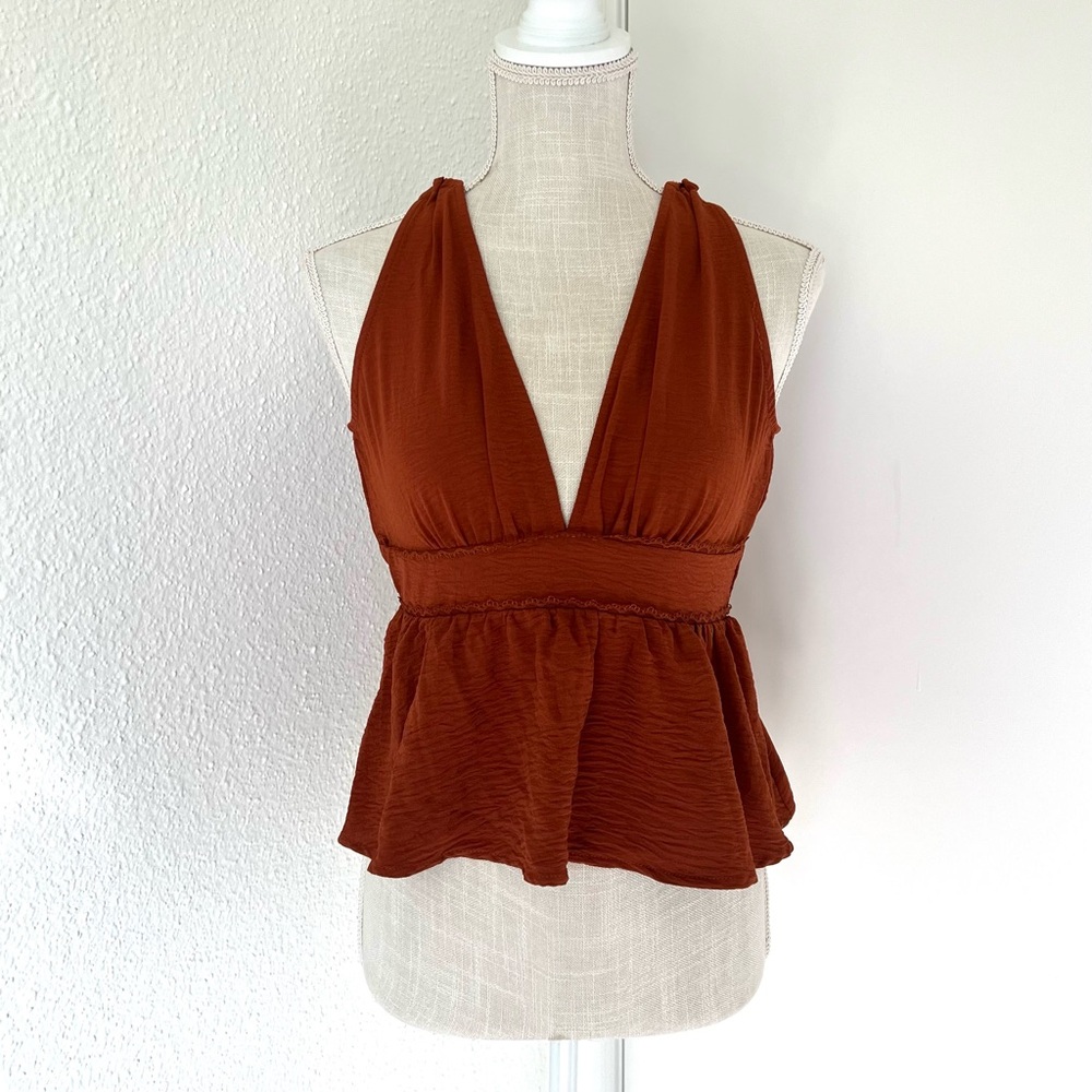 SHEIN Brown Plunge Halter Tank Top